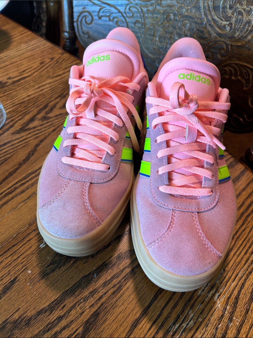 adidas Pink Suede Sneakers with Neon Green Stripes